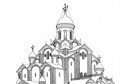 Троицкий собор в 1467 году после смены покрытий криволинейных на прямоскатные - неизвестным мастером (переделывателем крыш). Реконструкция Г.Я. Мокеева