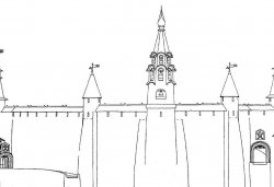Перси Кромские с воротами по сторонам. Южный фасад. Реконструкция Г.Я. Мокеева