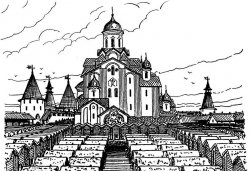 Тройцкий собор (северный фасад) и деревянные клети. Реконструкция Г.Я. Мокеева