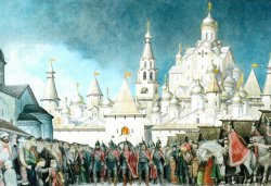Дом Святой Троицы Пскова на рубеже XV-XVI веков. Вид с главного торга. Реконструкция Г.Я. Мокеева