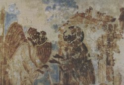 Рис. 13. Явление ангела преподобному Симеону Дивногорцу. Роспись южной стены церкви Рождества Христова в Довмонтовом городе. Фрагмент.ГЭ