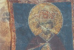 Рис. 3. Пророк Моисей. Роспись церкви Рождества Христова на Красном поле близ Новгорода. Конец XIV в. Деталь