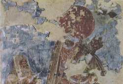 Рис. 4. Святой воин (Георгий или Димитрий?) с предстоящим донатором (князем Андреем Ольгердовичем?). Роспись северо-западного столба церкви Рождества Христова в Довмонтовом городе. Фрагмент. ГЭ