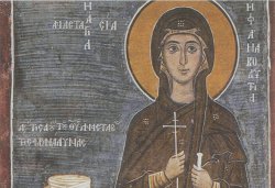Рис. 6. Великомученица Анастасия Фармаколитрия и вкладчица Анастасия. Роспись нартекса церкви Панагии Форбиотриссы в Асину на Кипре. Середина XIV в.